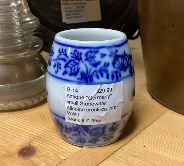 German Made Antique Blue & White Stoneware Allspice Crock