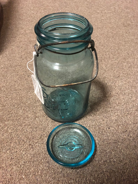 Safe Seal Blue Glass Canning Jar w/ Wire Clamp & Glass Lid