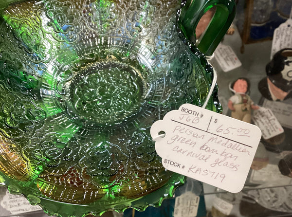 Green Carnival Glass Persian Medallion Double Handled BonBon Dish