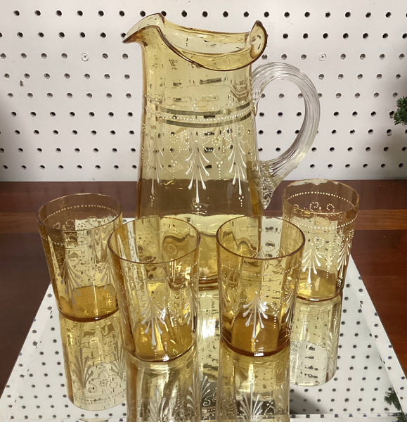 Five Piece Victorian Hand Painted Enamel Lemonade Set