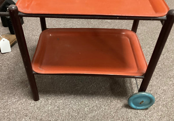 Vintage Wooden Dolly Cart w/ 2 Metal Trays
