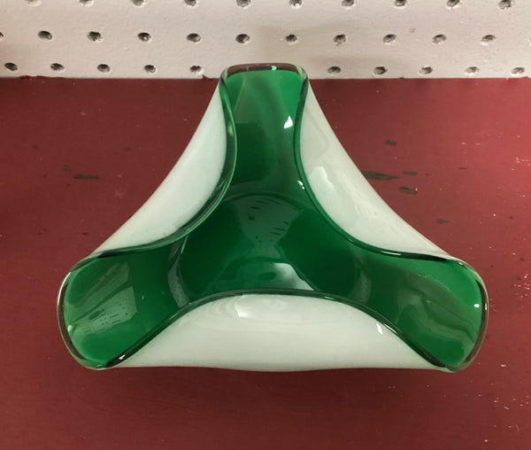 Cased Murano Green & White Art Glass Folded Bowl