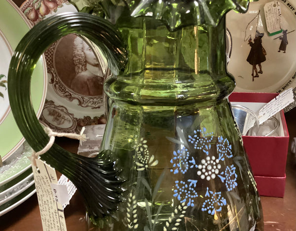 Hand Painted Enameled Blown Glass Pitcher