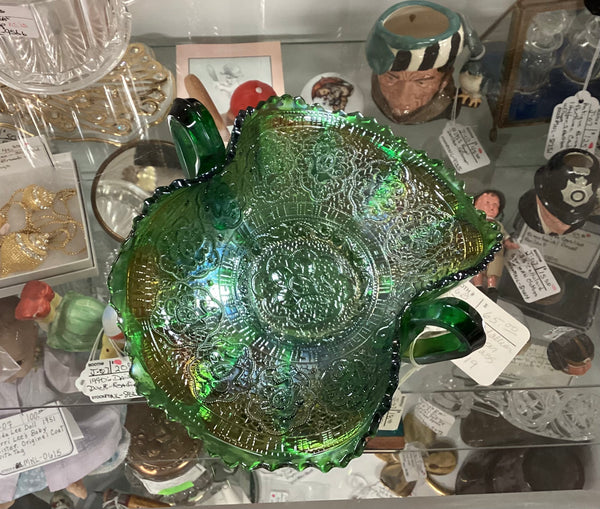 Green Carnival Glass Persian Medallion Double Handled BonBon Dish