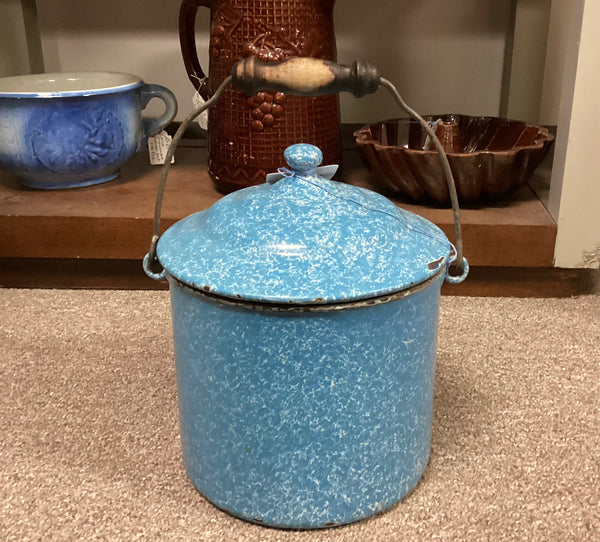 Blue Enamelware Covered Pail w/ Bail Handle