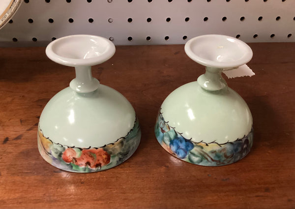 Pair Antique Hand Painted Porcelain Stemmed Punch Cups