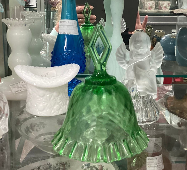Fenton Green Threaded Diamond Optic Glass Bell w/ Crimped Edge