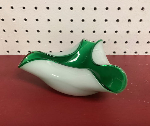 Cased Murano Green & White Art Glass Folded Bowl