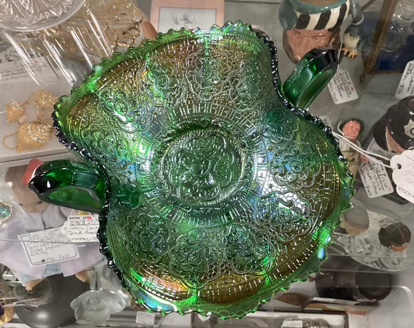Green Carnival Glass Persian Medallion Double Handled BonBon Dish