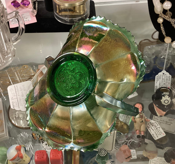 Green Carnival Glass Persian Medallion Double Handled BonBon Dish