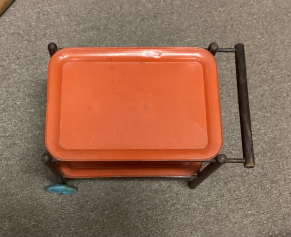 Vintage Wooden Dolly Cart w/ 2 Metal Trays