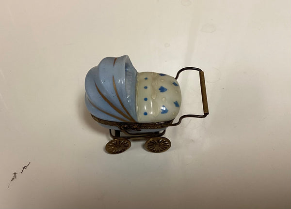 Limoges Hinged Porcelain Trinket Box Pram w/ Sleeping Baby