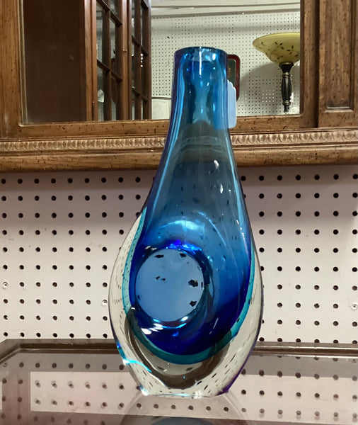 Italian Murano Style Art Glass Blue Tear Drop Vase