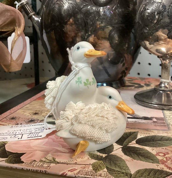 Irish Dresden Lace  Ducks w/ Shamrocks Porcelain Figurine