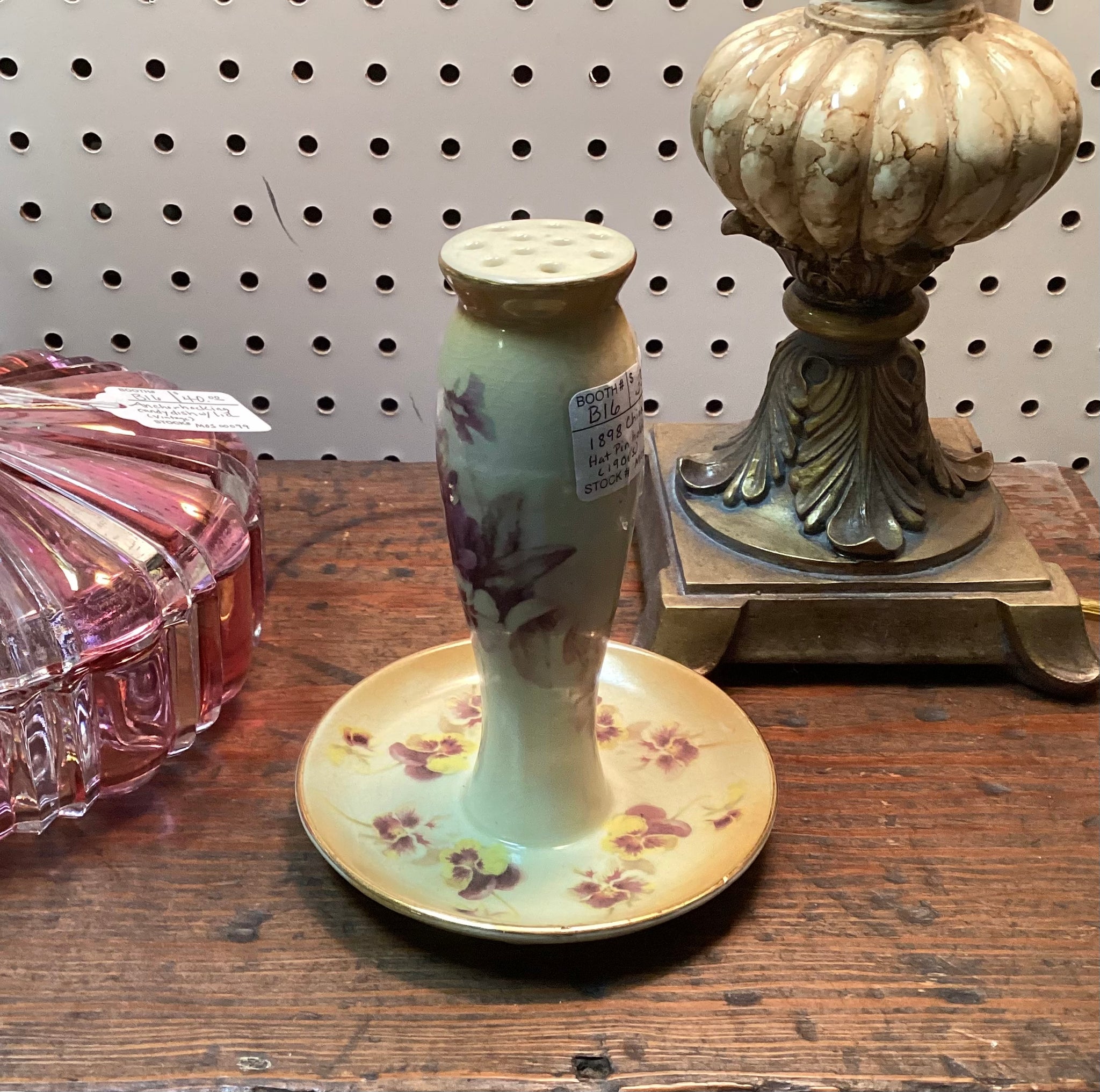 Antique Hat Pin Holder- Porcelain & Hand Painted Violets with Gold Gilding Antique Handpainted Porcelain Hatpin Holder Violets Nippon 4  main image 4