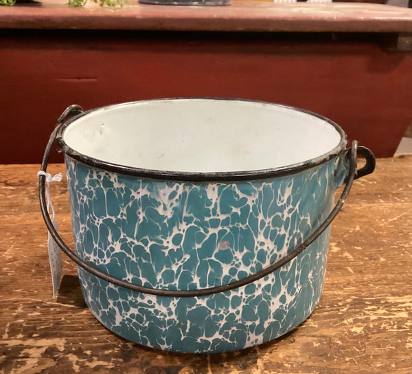 Blue & White Enamelware Berry Bucket w/ Swinging Handle