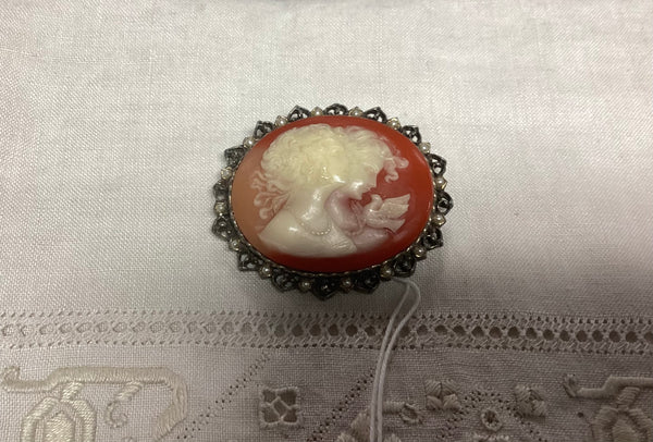 "Sisters" Silver Toned Cameo Brooch