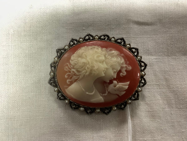 "Sisters" Silver Toned Cameo Brooch