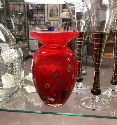 Red Millefiori Art Glass Vase