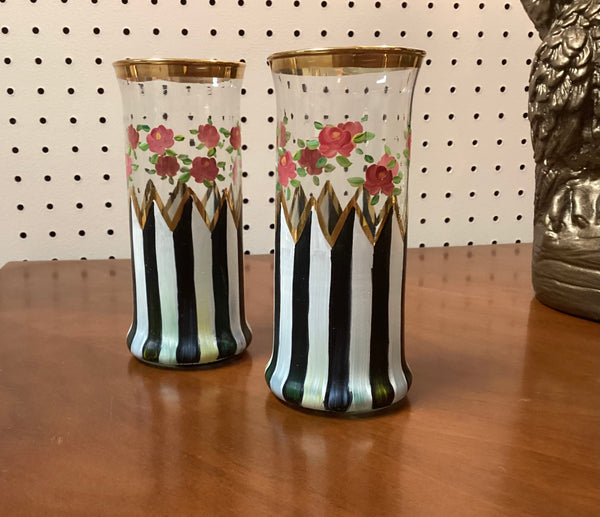 Pair McKenzie Childs Hand Painted Artisan Highball Glasses
