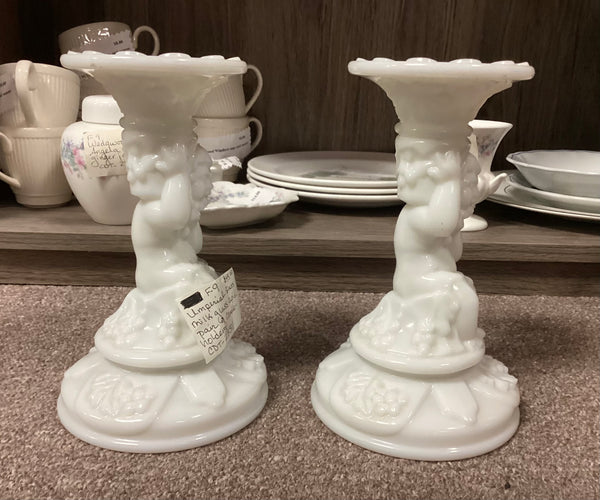 Imperial Glass Co. White Milk Glass Cherub Candle Holders Pair