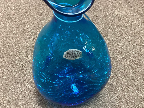 Blenko Turquoise Blue Crackle Glass Pinched Decanter