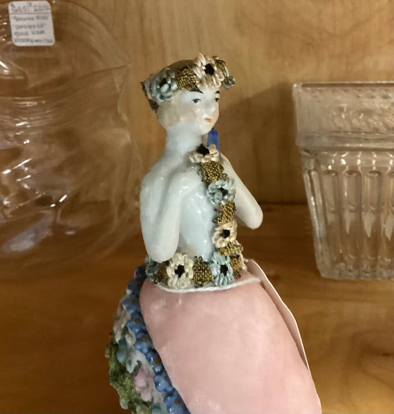 Bisque Figural Lady in a Shoe Pin Cushion