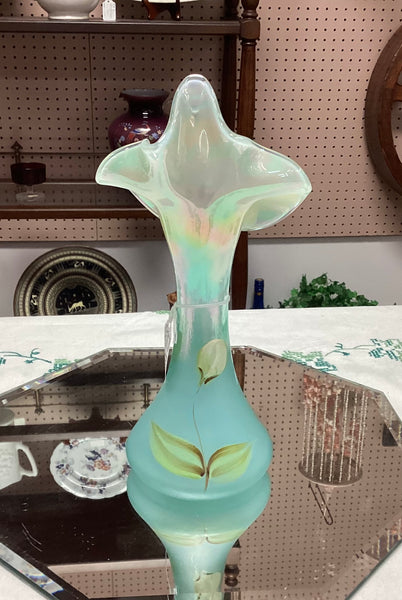 Fenton Glass 100th Anniversary Hand Painted Iridescent Aquamarine Tulip Vase