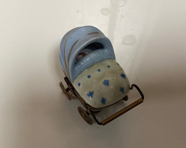 Limoges Hinged Porcelain Trinket Box Pram w/ Sleeping Baby