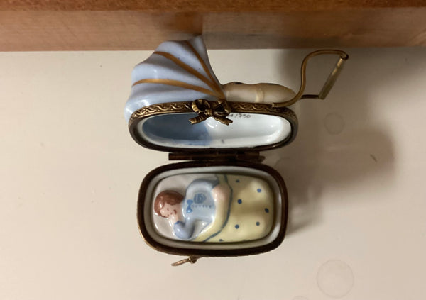 Limoges Hinged Porcelain Trinket Box Pram w/ Sleeping Baby