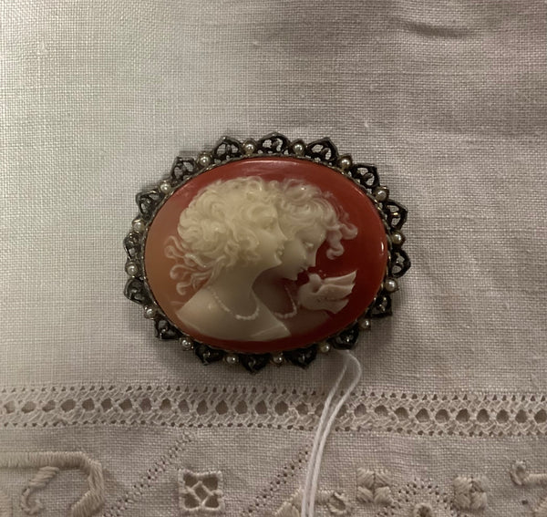 "Sisters" Silver Toned Cameo Brooch