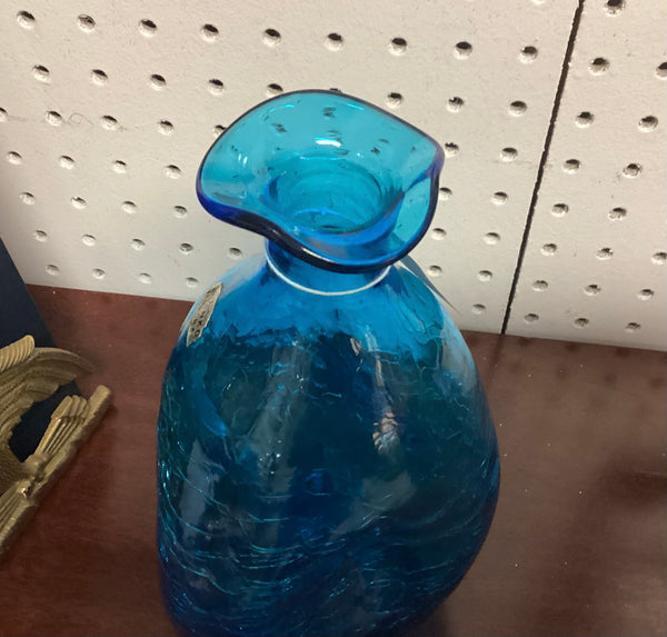 Blenko Turquoise Blue Crackle Glass Pinched Decanter