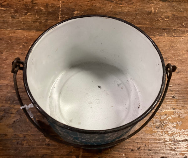 Blue & White Enamelware Berry Bucket w/ Swinging Handle