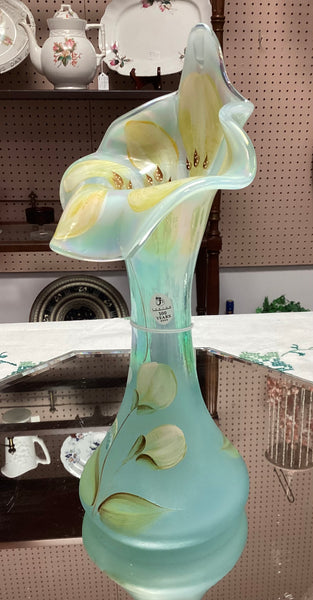 Fenton Glass 100th Anniversary Hand Painted Iridescent Aquamarine Tulip Vase