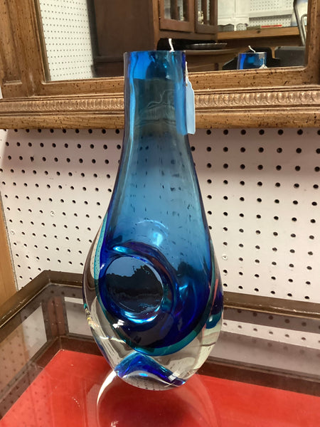 Italian Murano Style Art Glass Blue Tear Drop Vase