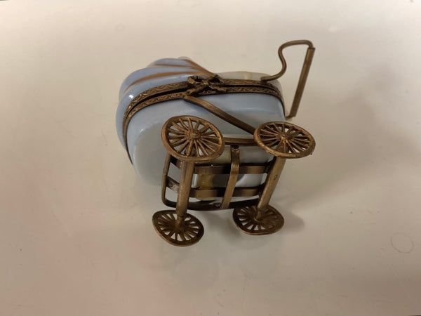 Limoges Hinged Porcelain Trinket Box Pram w/ Sleeping Baby