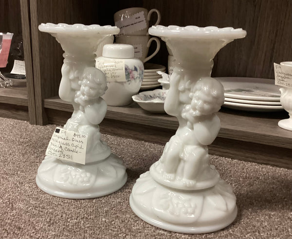 Imperial Glass Co. White Milk Glass Cherub Candle Holders Pair