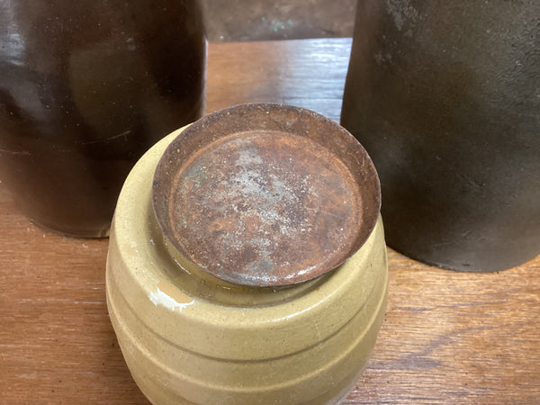 American Yellow Ware 1 Pint Wax Sealer Canning Crock w/ Metal Lid