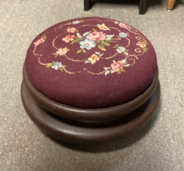 Antique Round Foot Stool w/ Needlepoint Top