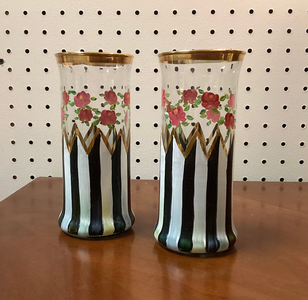 Pair McKenzie Childs Hand Painted Artisan Highball Glasses
