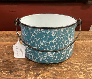 Blue & White Enamelware Berry Bucket w/ Swinging Handle