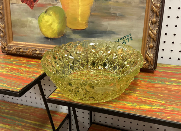 EAPG Vaseline Glass UV Reactive Daisy & Button Serving Bowl