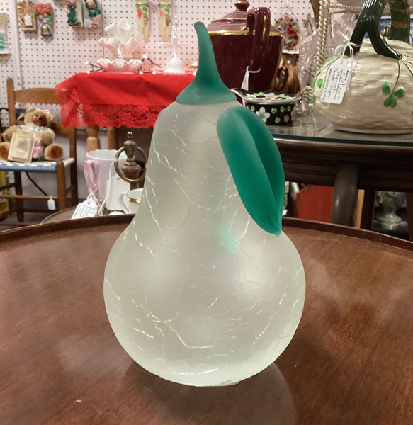 Clear Crackle Glass Pear Paperweight w/ Green Leaf