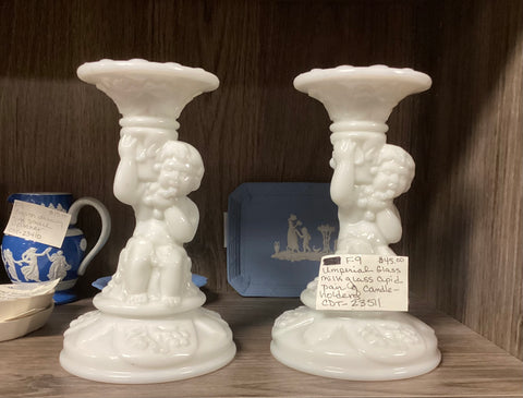 Imperial Glass Co. White Milk Glass Cherub Candle Holders Pair