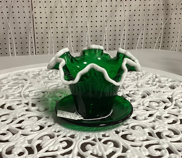 Fenton Emerald Green Snow Crest Flower Pot w/ Attached Saucer