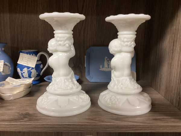 Imperial Glass Co. White Milk Glass Cherub Candle Holders Pair