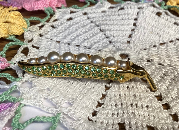 Vintage Gold-tone Pave Crystal Pea Pod Brooch