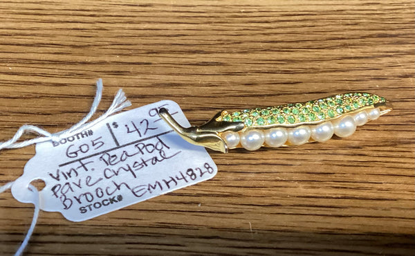Vintage Gold-tone Pave Crystal Pea Pod Brooch