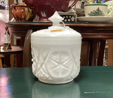 Kemple Glassworks Yutec White Milk Glass Biscuit Barrel w/ Lid