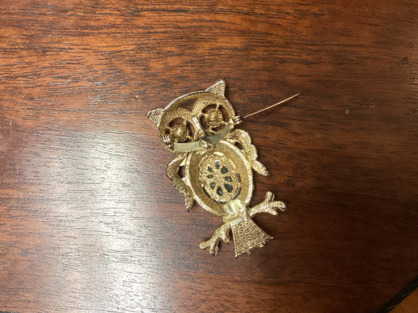 Victorian 10K Gold Owl Brooch w/ Nephrite Jade & Seed Pearls